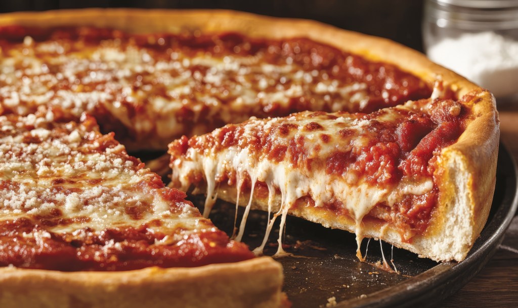 A cheesy deep-dish pizza with rich tomato sauce and a golden crust, with a slice being pulled away, revealing gooey melted cheese.