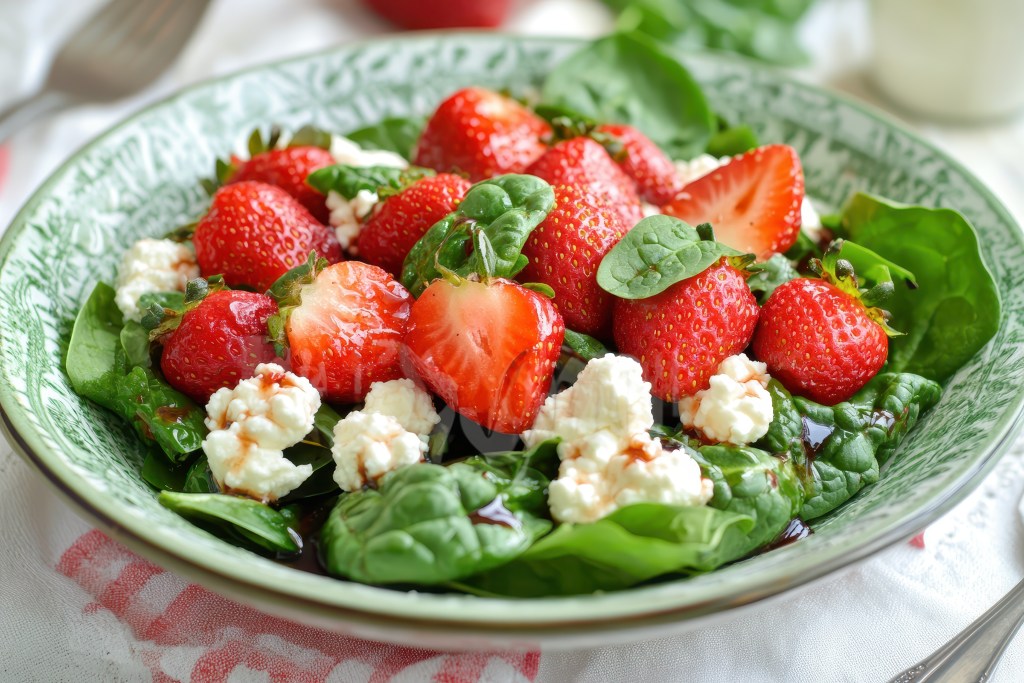 A fresh strawberry spinach salad with goat cheese and balsamic glaze, served on a decorative green plate.