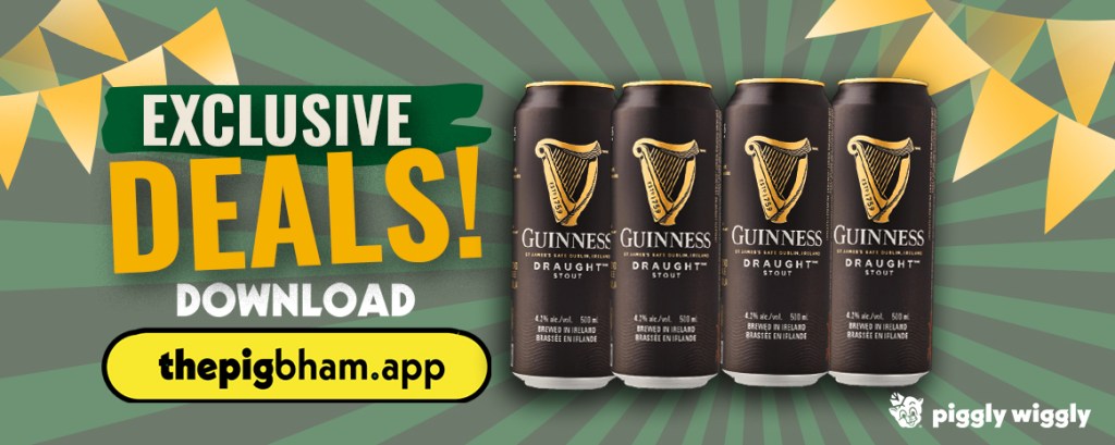 Four cans of Guinness Draught Stout against a festive green and gold background, promoting exclusive St. Patrick’s Day deals available through the Pig Bham app.