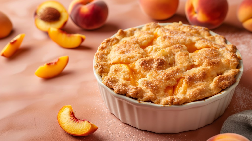Golden brown Southern peach cobbler in a white ceramic dish surrounded by sliced and whole fresh peaches on a peach-toned surface