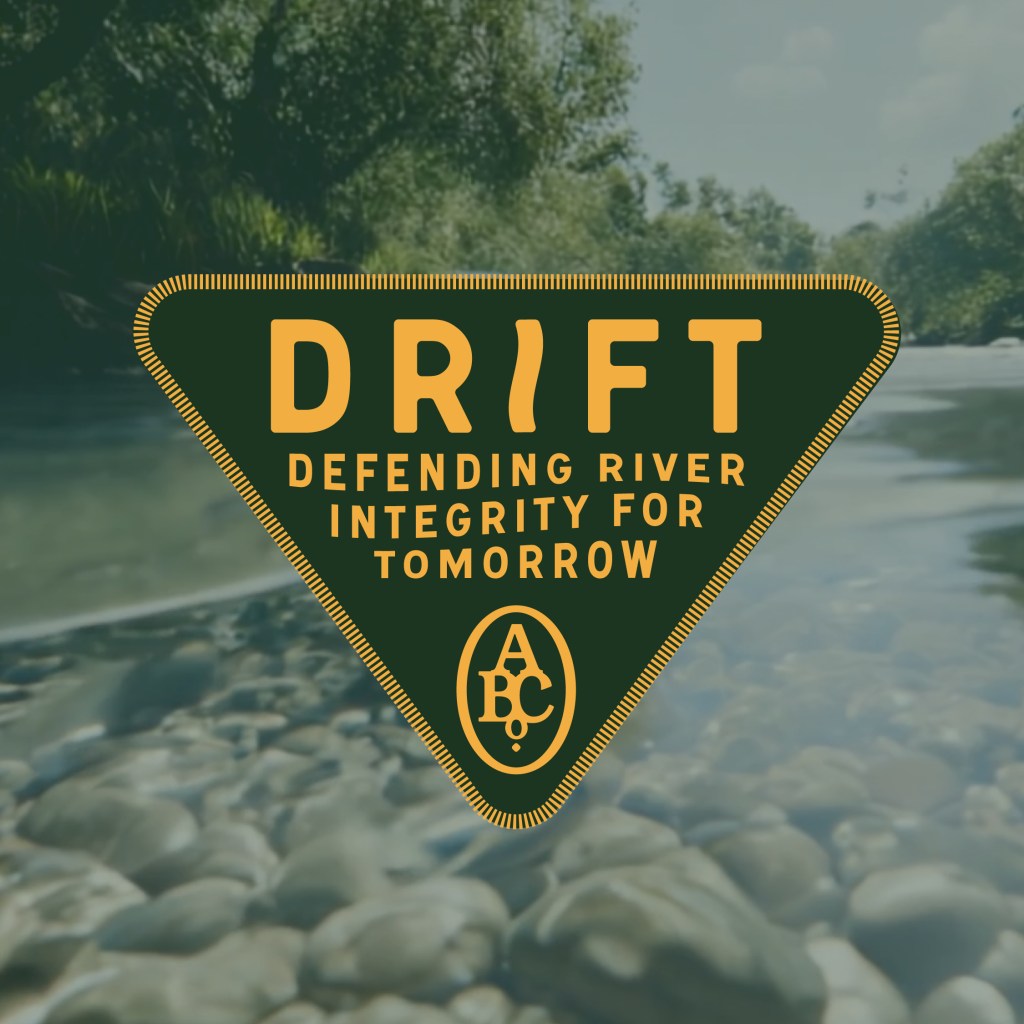 DRIFT badge logo reading Defending River Integrity For Tomorrow over a clear riverbed background, with Alabama Beer Co. branding