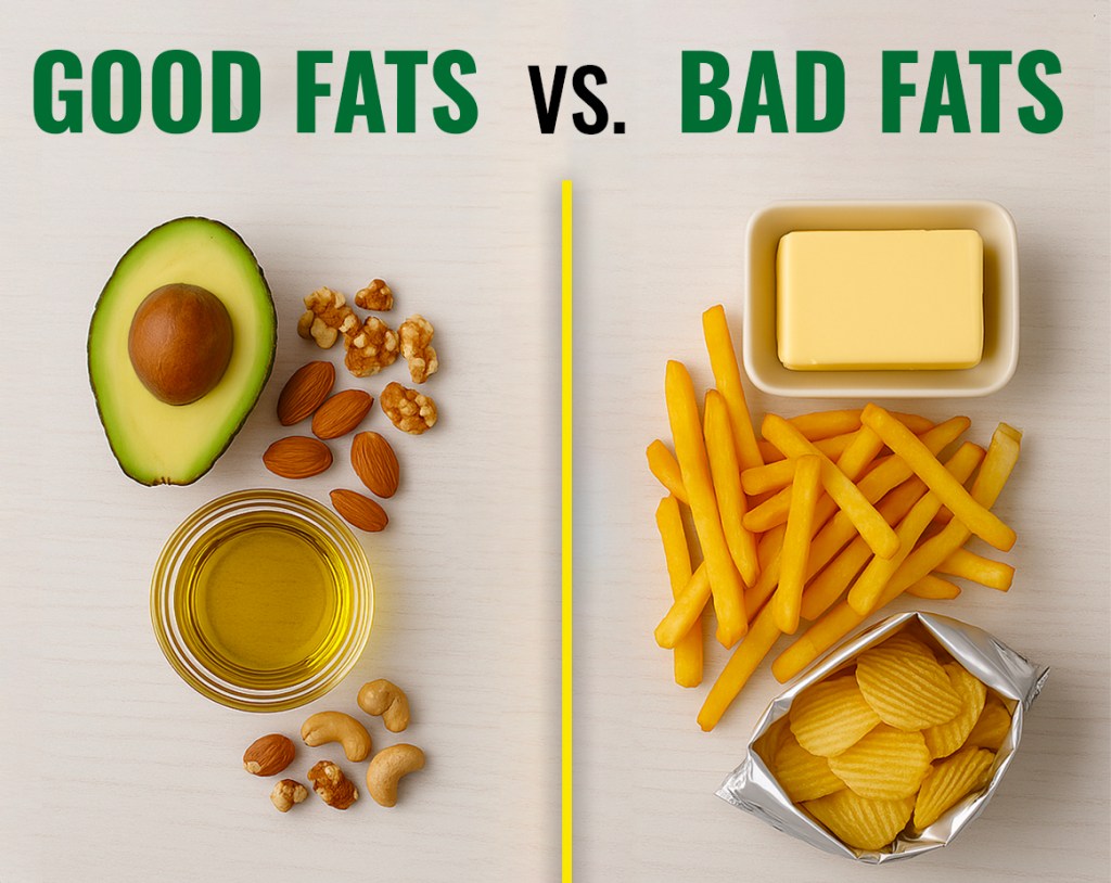 Side-by-side comparison of healthy fats like avocado, nuts, and olive oil versus unhealthy fats like butter, fries, and potato chips