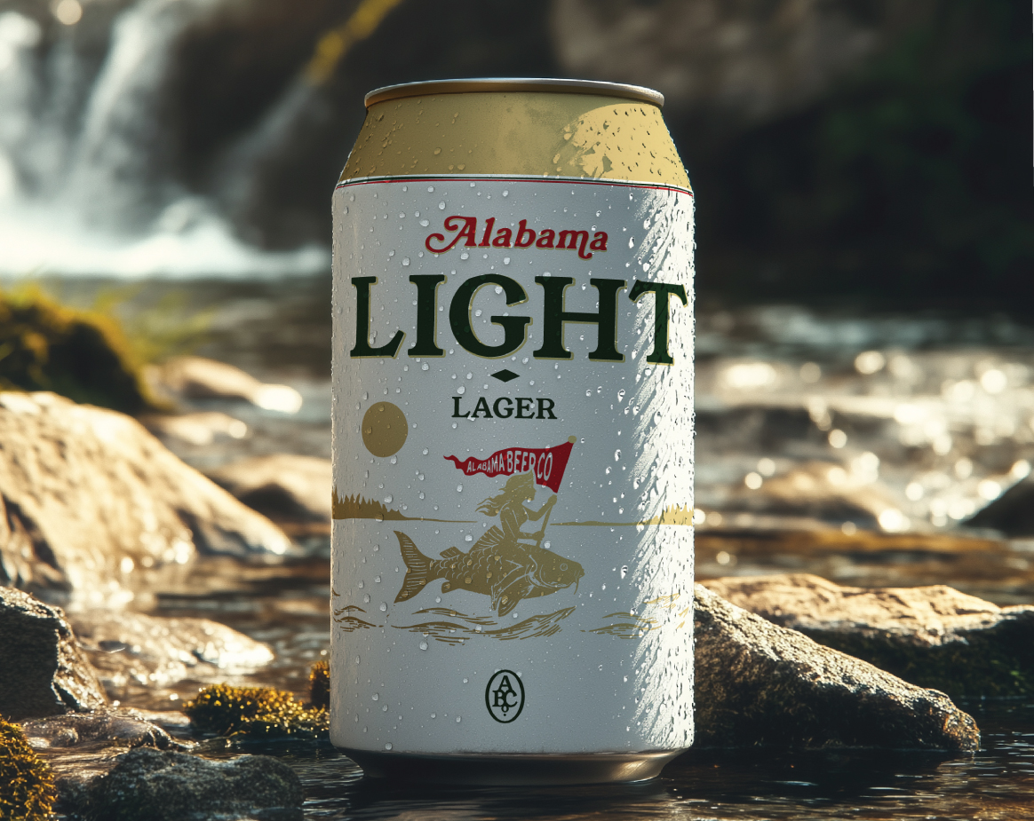 Alabama Light Lager can from Alabama Beer Co. placed on rocks beside a river with a waterfall in the background