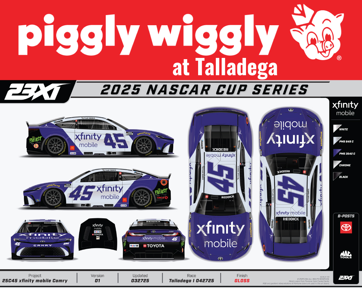 Promotional graphic of the #45 Xfinity Mobile Toyota Camry for the 2025 NASCAR Cup Series at Talladega, featuring Piggly Wiggly branding and Tyler Reddick