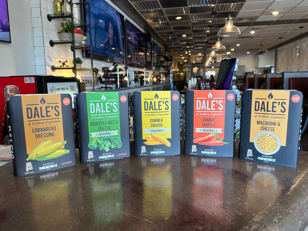 Five Dale’s Frozen Casseroles on display including Cornbread Dressing, Broccoli-Rice & Cheese, Summer Squash, Carrot Soufflé, and Macaroni & Cheese at Piggly Wiggly Birmingham