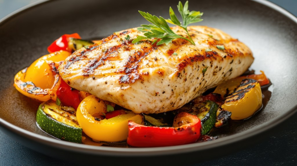 Grilled Mahi-Mahi fillet served over a medley of charred bell peppers and zucchini in a black bowl