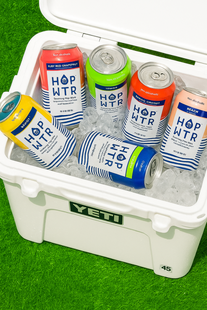 Assorted HOP WTR non-alcoholic sparkling hop water cans in multiple vibrant flavors neatly arranged on a light beige background