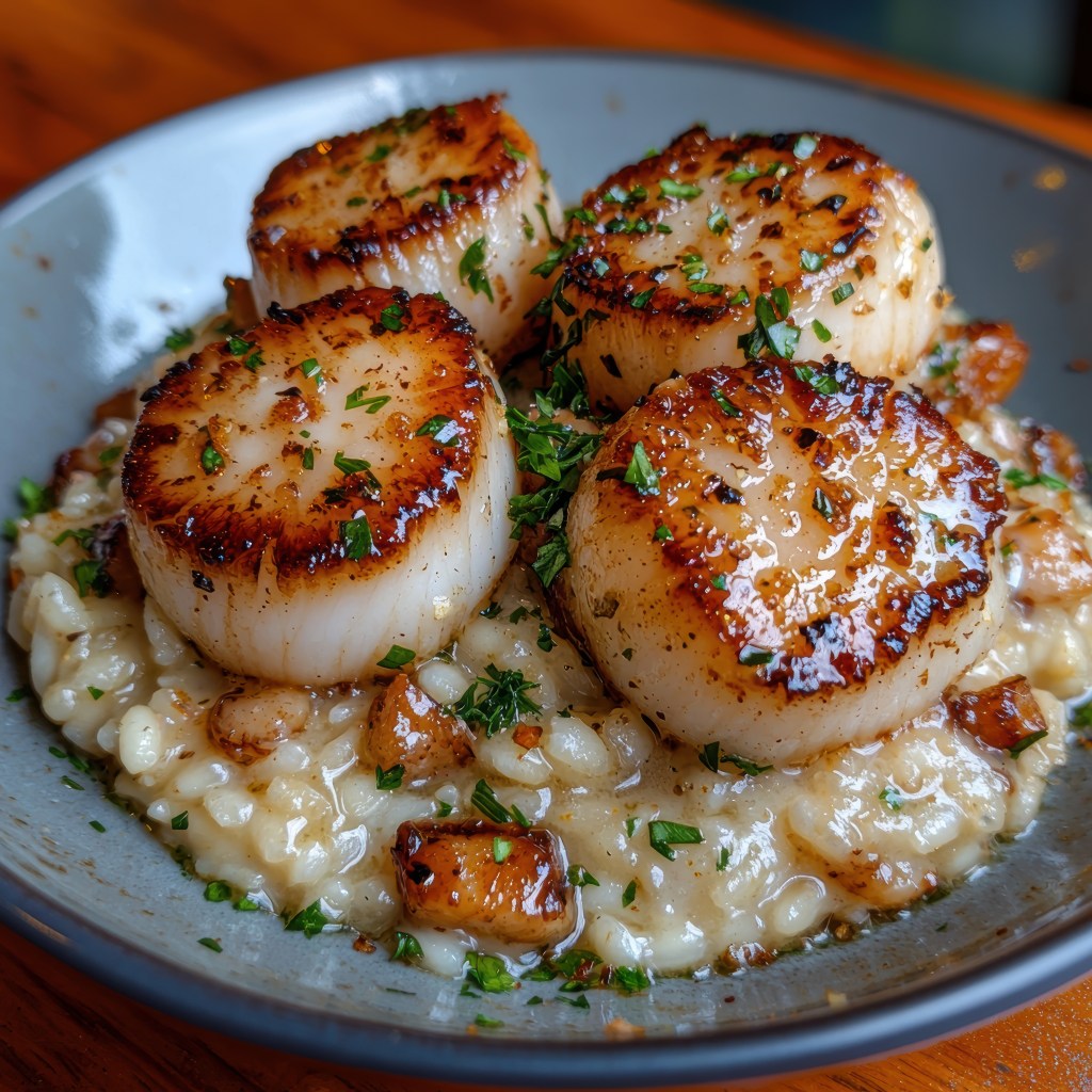 Golden seared scallops served on creamy risotto, garnished with fresh herbs in a ceramic bowl