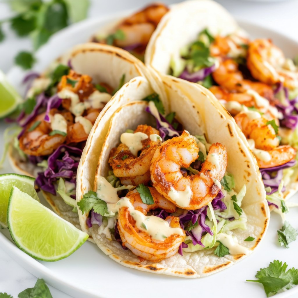 Close-up of shrimp tacos with lime slaw, garnished with cilantro and drizzled with creamy sauce, served with lime wedges