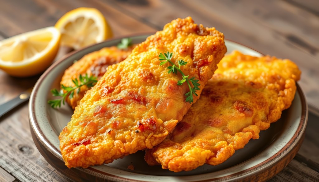 Crispy Southern-style fried catfish fillets garnished with fresh herbs on a ceramic plate