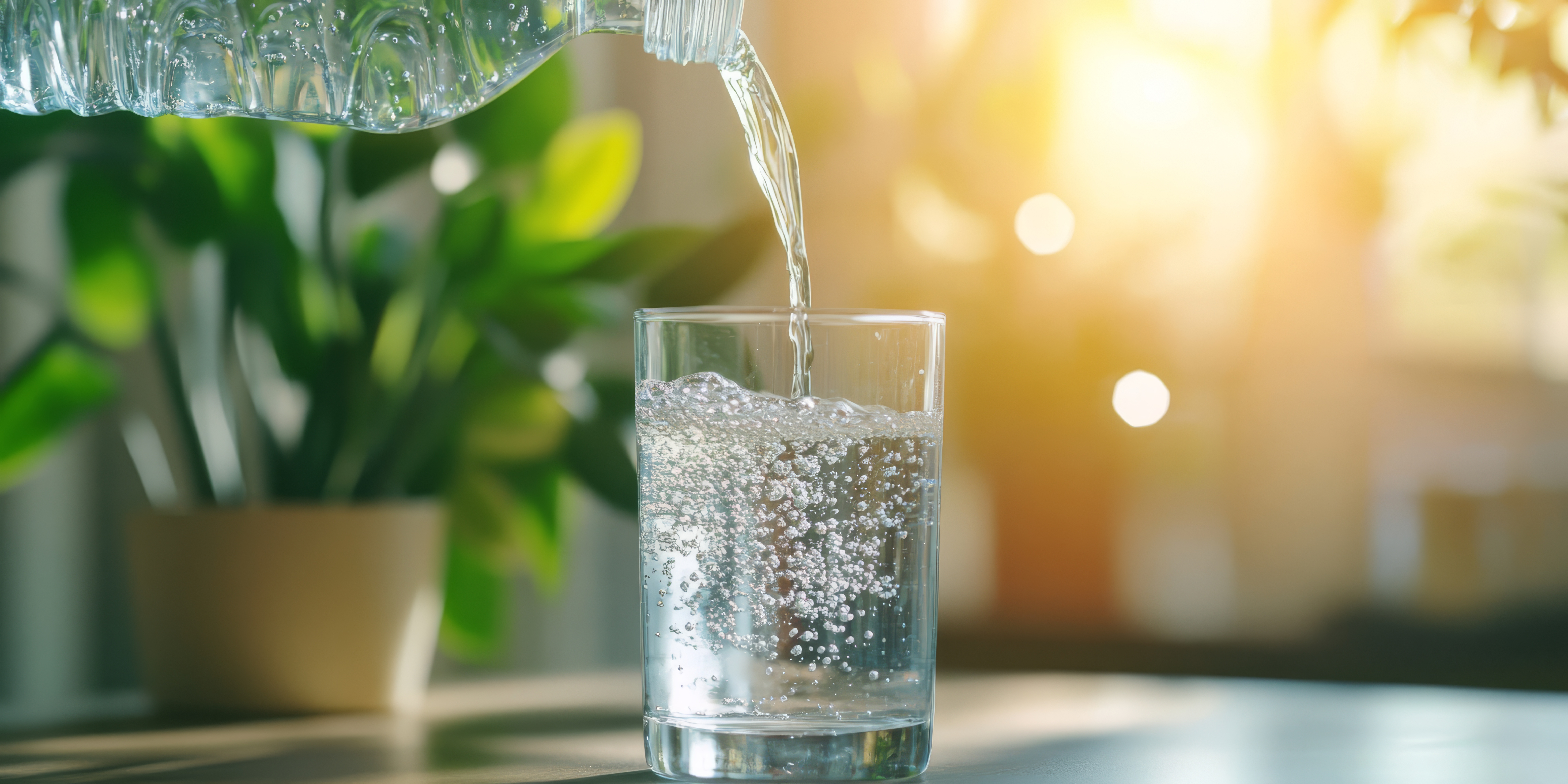 Clear water being poured into a glass with sunlight and green plants in the background