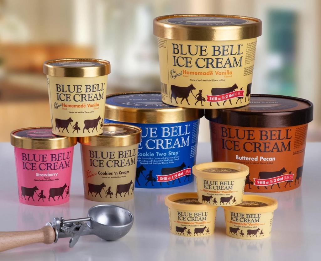 Assorted Blue Bell Ice Cream containers in various flavors including Homemade Vanilla, Cookies 'n Cream, Strawberry, and Buttered Pecan