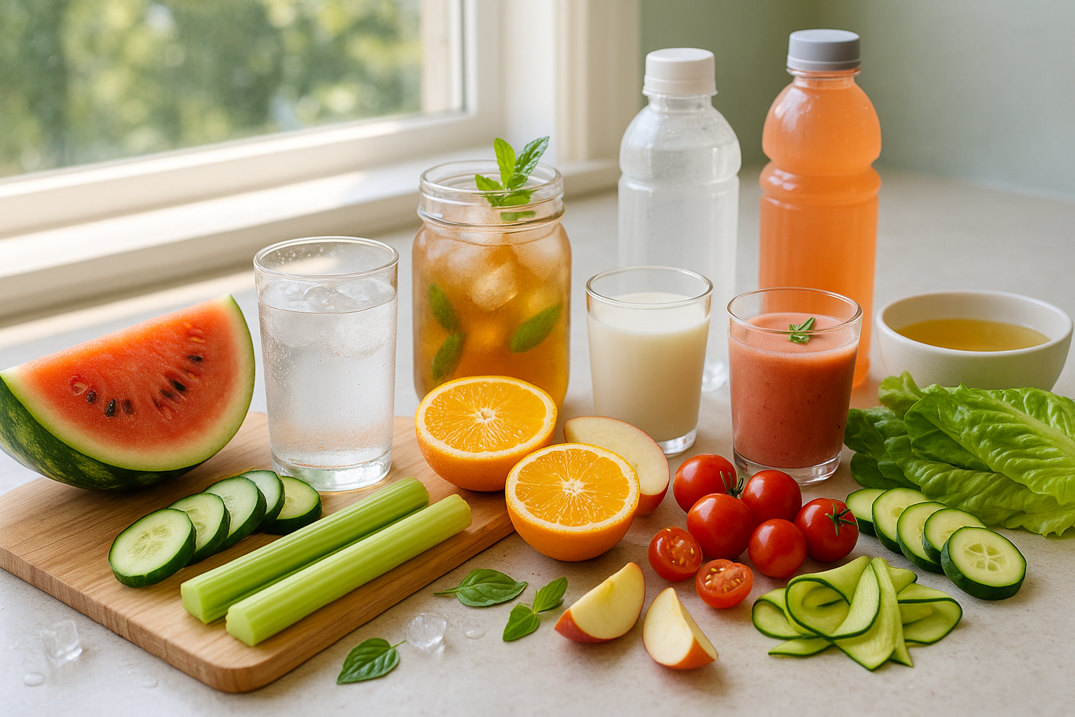 A colorful spread of hydrating foods and drinks including watermelon, cucumber, oranges, celery, lettuce, tomatoes, apple slices, iced tea, milk, smoothie, and water bottles on a bright kitchen counter.