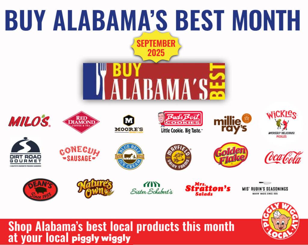 Promotional image for Buy Alabama’s Best Month 2025 featuring Alabama-made food brands supported by Piggly Wiggly Birmingham