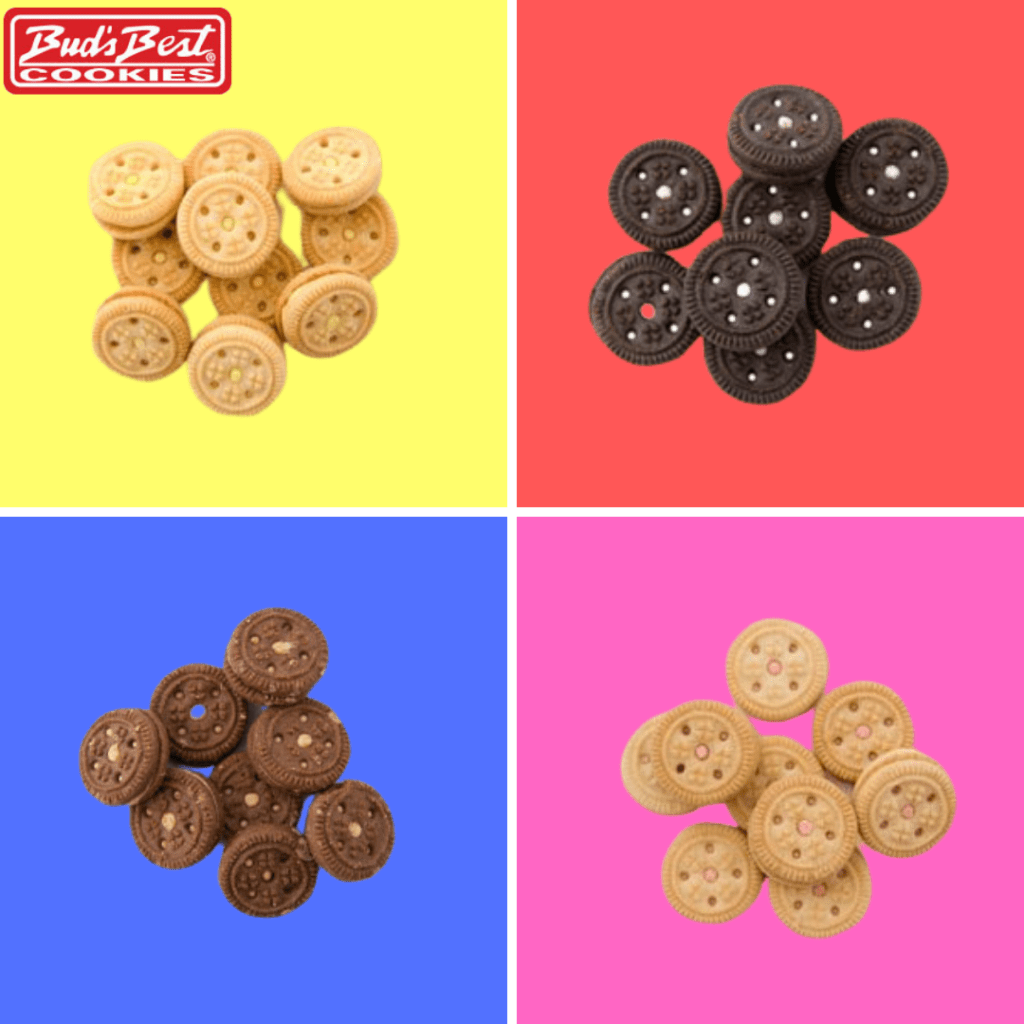 Assorted Bud’s Best Cookies in four flavors displayed on colorful backgrounds