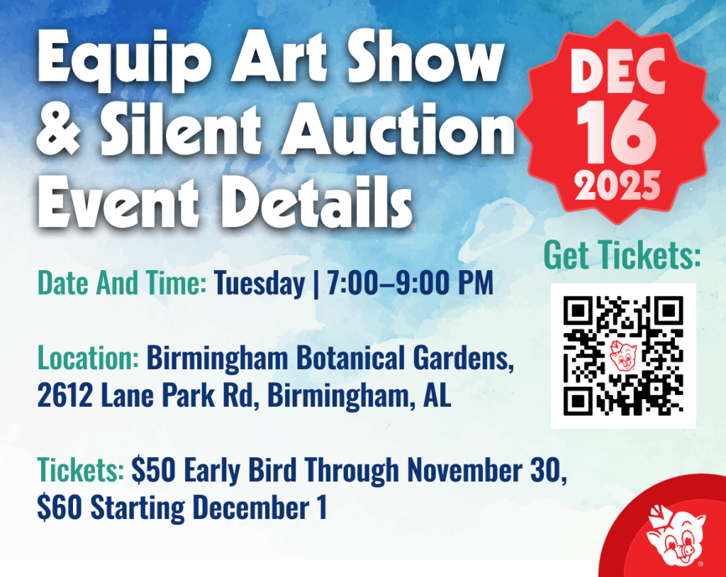 Promotional flyer for the Equip Art Show & Auction on December 16, 2025, with event details and ticket information