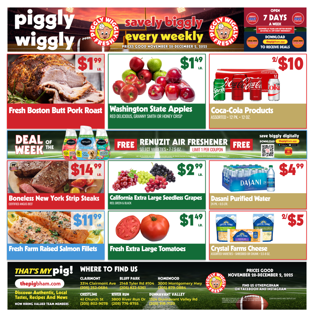 Piggly Wiggly weekly sales flyer showcasing discounted items including pork roast, apples, Coca-Cola, steaks, grapes, salmon, and more
