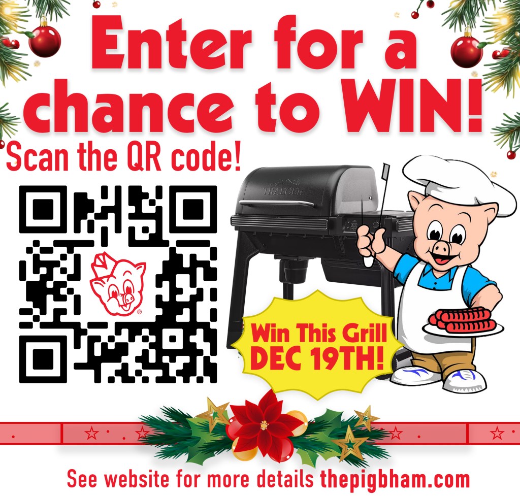Holiday-themed giveaway flyer promoting a chance to win a Traeger Pro 575 Grill by scanning a QR code at Piggly Wiggly McCalla/Hueytown