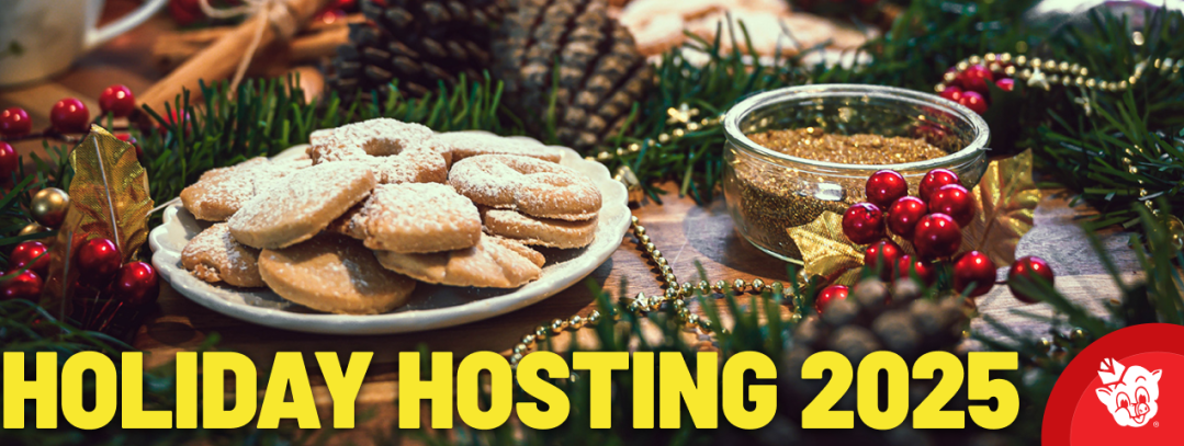 Plate of powdered sugar cookies and festive holiday decor with text reading Holiday Hosting 2025