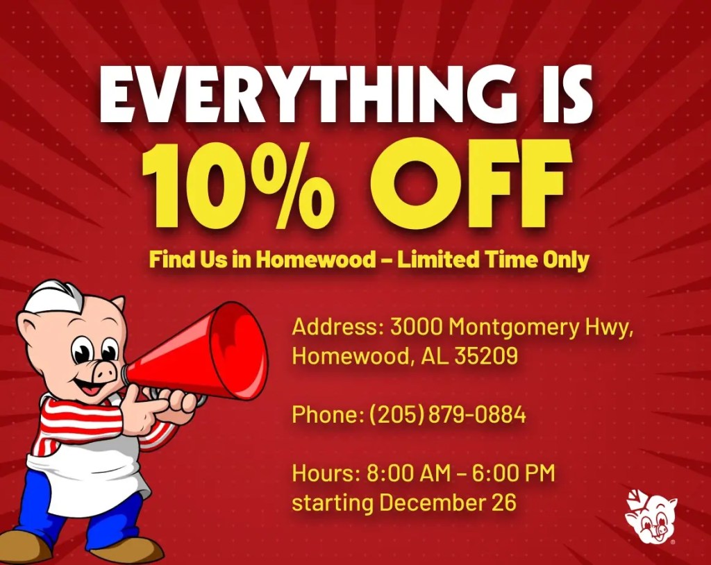 Promotional graphic for Piggly Wiggly Homewood offering 10% off everything in-store starting December 26