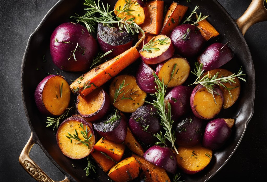 Roasted sweet potatoes, carrots, and red onions with fresh rosemary in a skillet, highlighting seasonal produce from Piggly Wiggly Birmingham