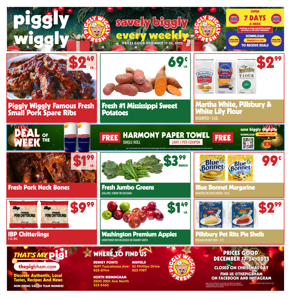 Holiday grocery sale flyer from Piggly Wiggly Birmingham featuring meat, produce, and pantry discounts valid December 17–24, 2025