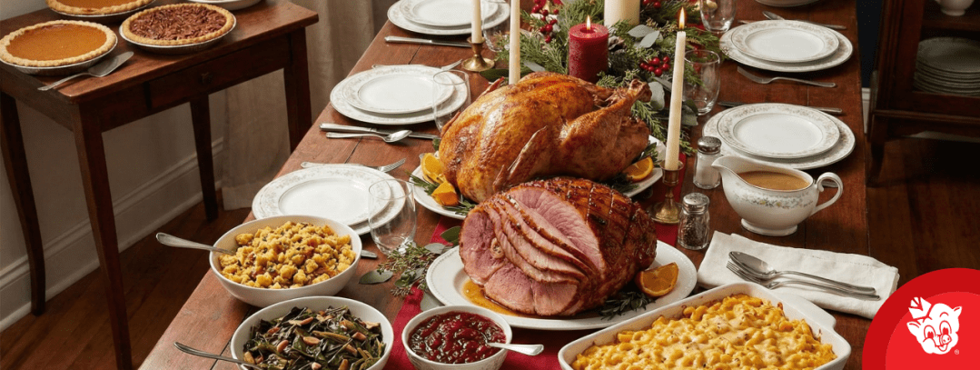 Classic holiday dinner table featuring glazed ham, roasted turkey, macaroni and cheese, stuffing, and festive candles