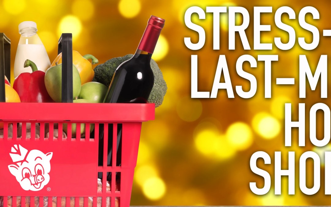 Red grocery basket with holiday groceries including wine, milk, bread, fruits, and vegetables, with a festive background and text reading stress-free last-minute holiday shopping