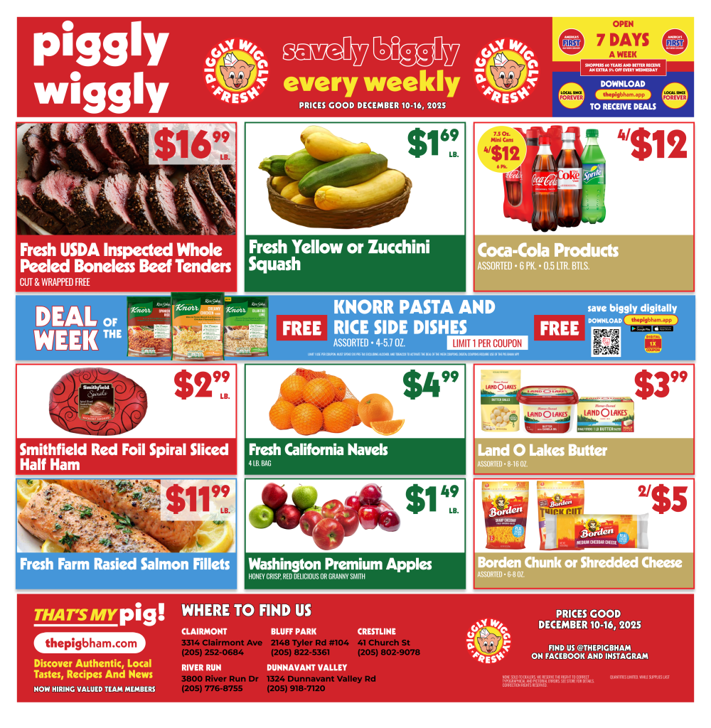 Piggly Wiggly Birmingham weekly ad flyer showing grocery specials for December 10 to 16, 2025 including meats, produce, and digital coupon offers