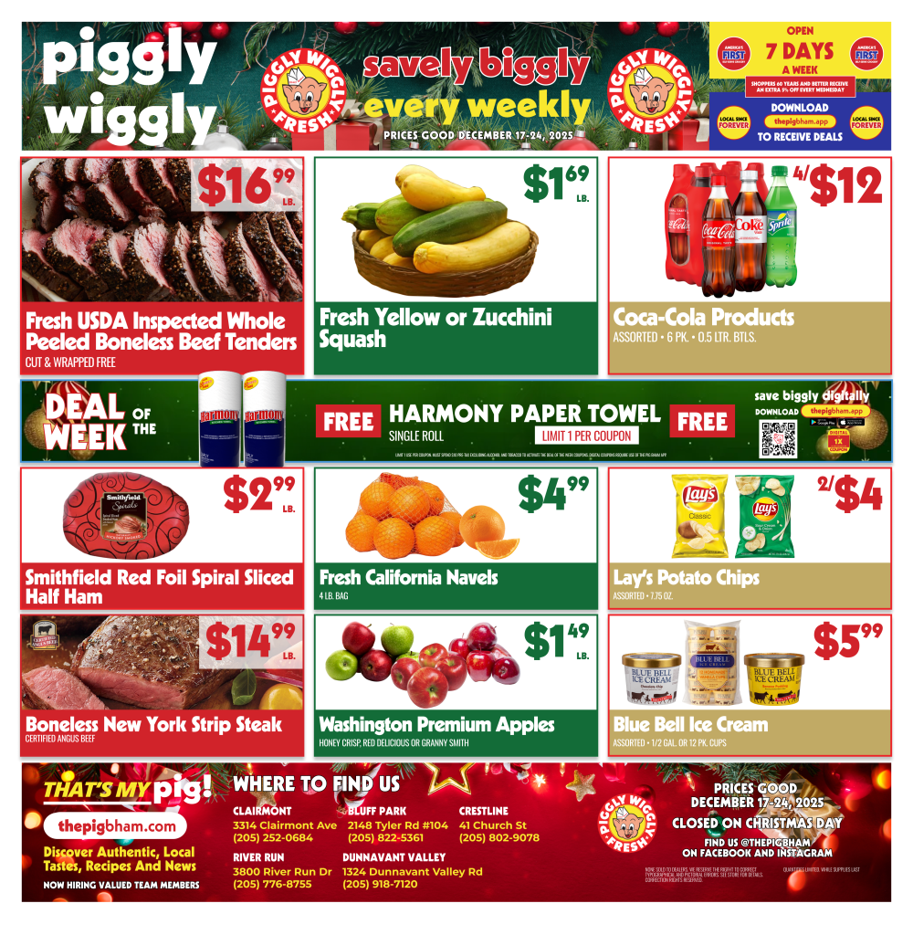 Piggly Wiggly holiday grocery ad featuring meat, produce, snacks, and beverages on sale from December 17 to 24, 2025