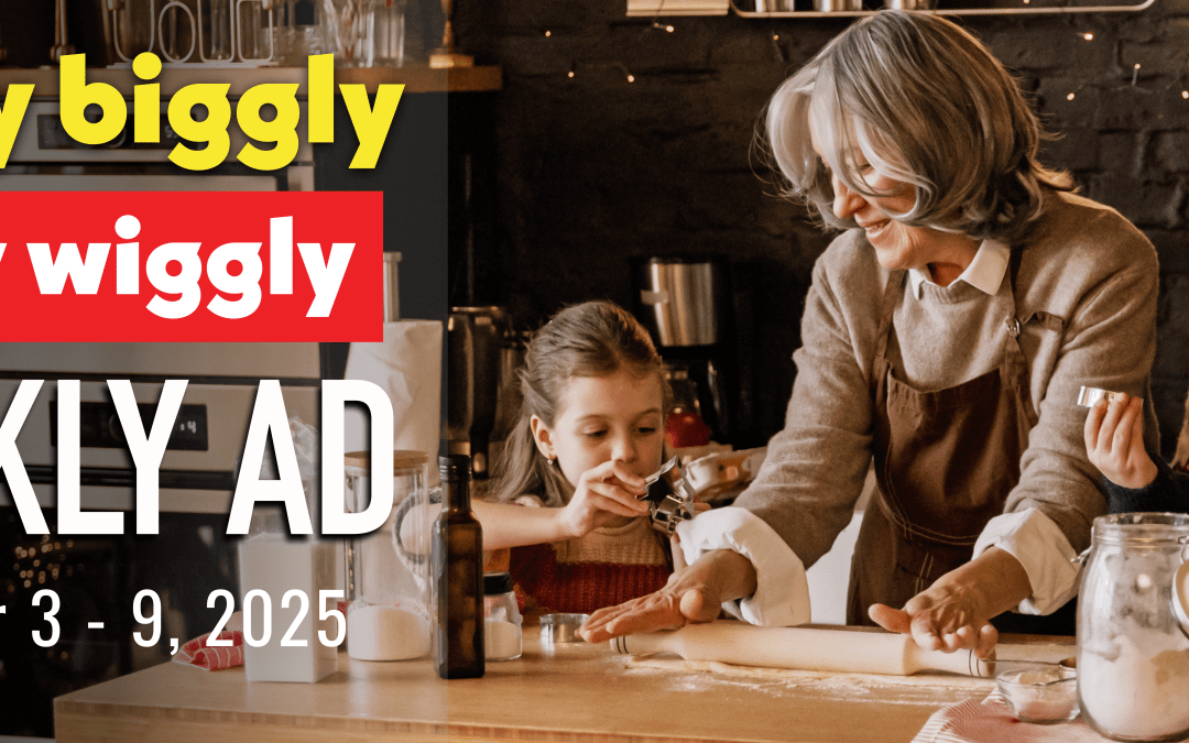 Piggly Wiggly weekly ad banner featuring a grandmother baking holiday cookies with two children in a cozy kitchen