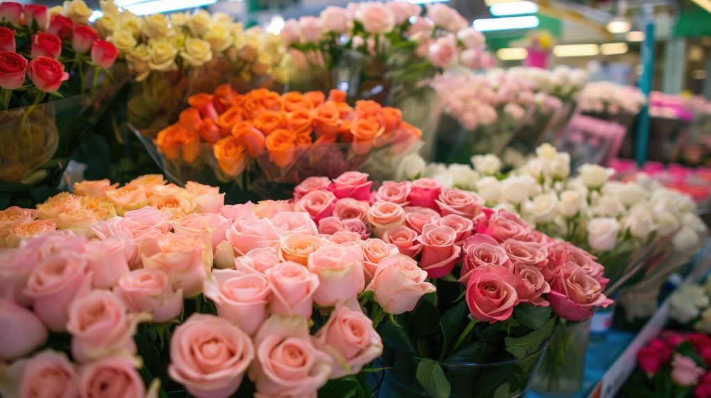 Display of pink, red, orange, yellow, and white roses at a flower market