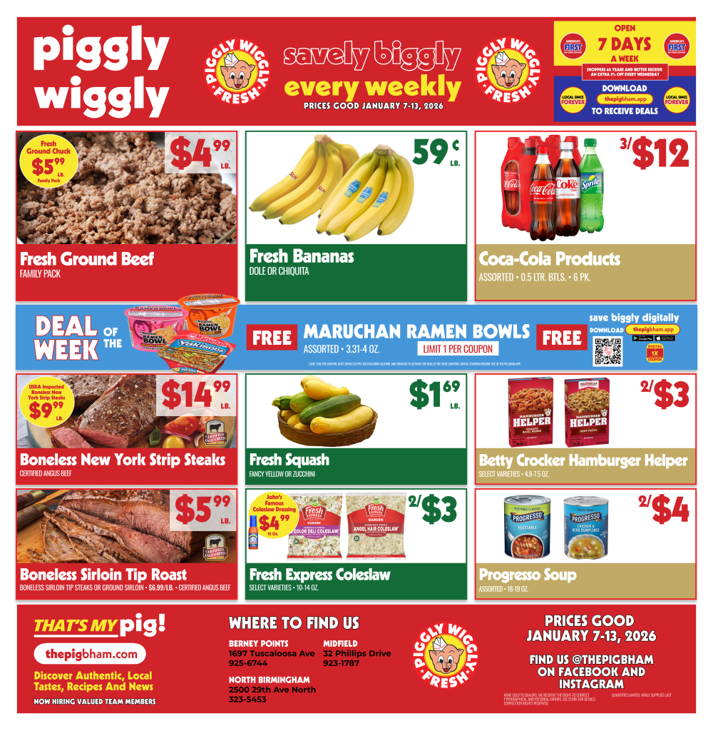 Piggly Wiggly ad for January 7–13, 2026 featuring grocery deals on meats, produce, Coca-Cola, Betty Crocker, and free Maruchan Ramen with app coupon