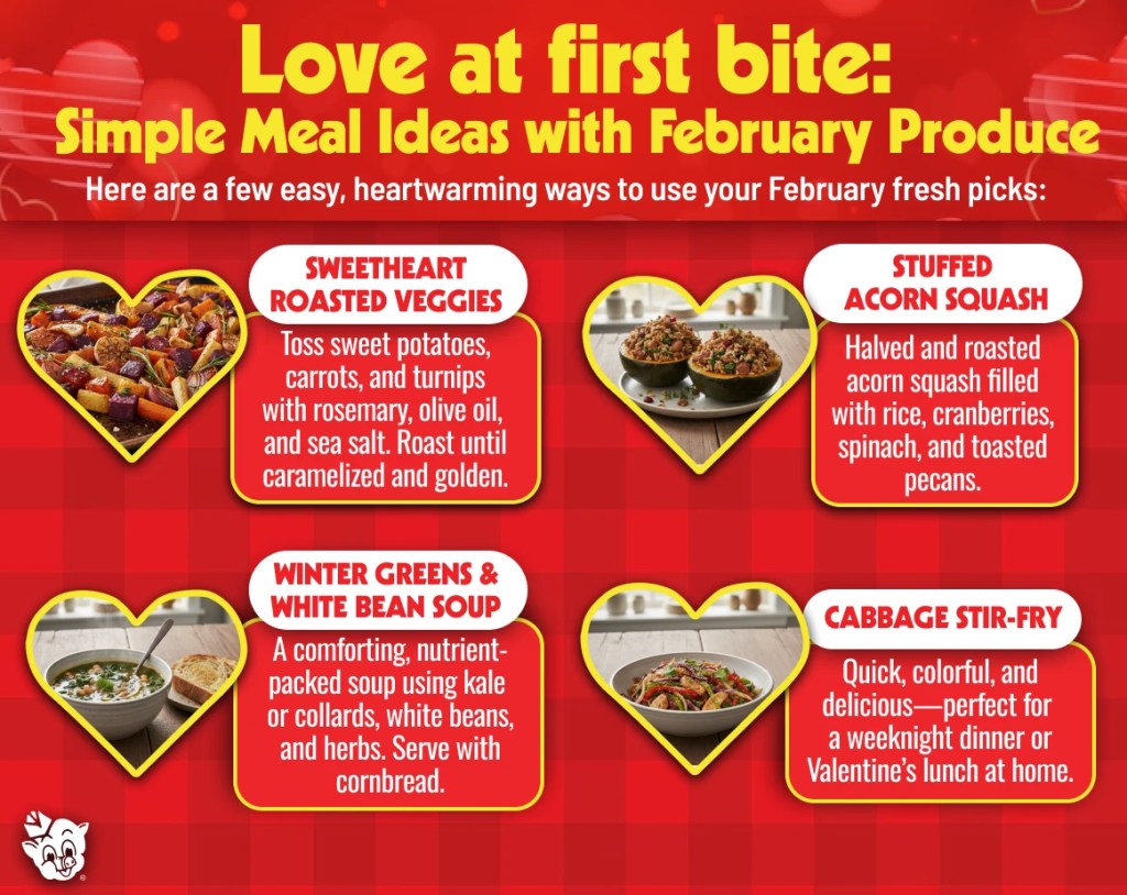Four February meal ideas using seasonal produce, including roasted veggies, stuffed acorn squash, winter greens soup, and cabbage stir-fry