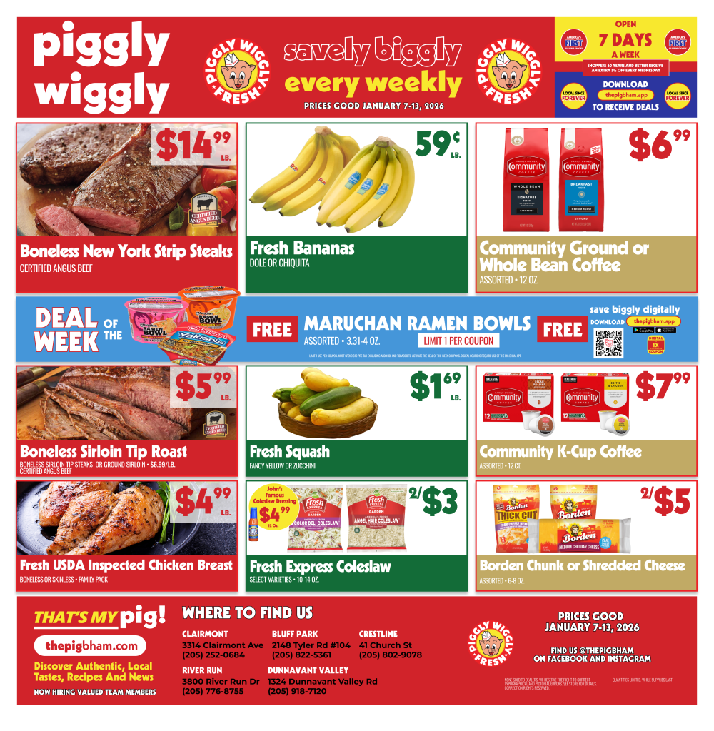 Piggly Wiggly January 2026 weekly ad featuring discounts on meats, produce, coffee, cheese, and free Maruchan Ramen with digital coupon