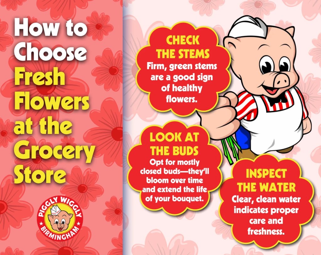 Infographic showing tips for choosing fresh grocery store flowers including checking stems buds and water with Piggly Wiggly Birmingham branding