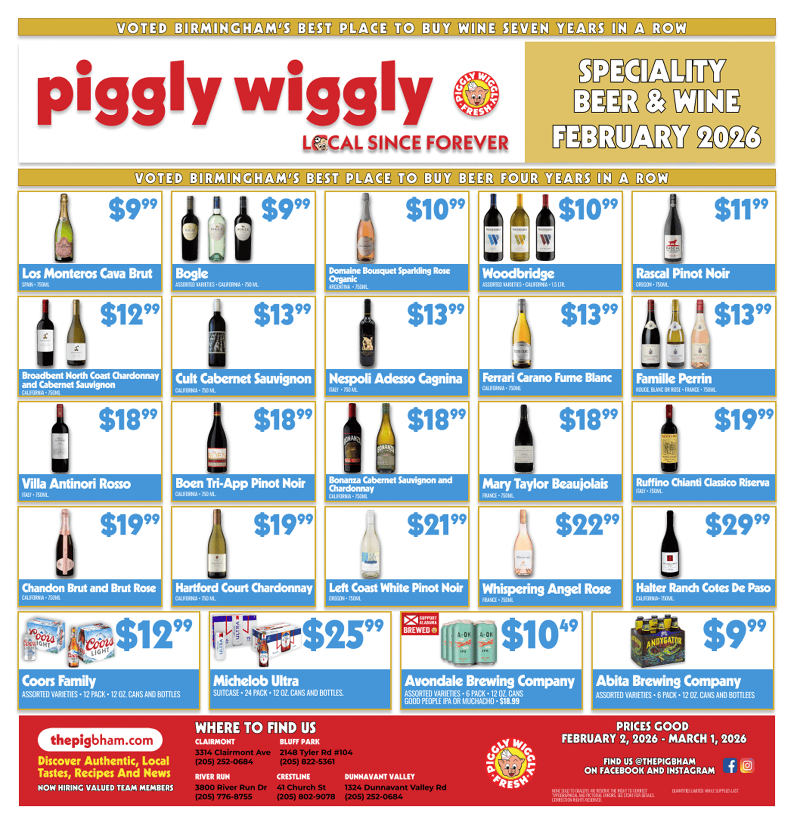 February 2026 Piggly Wiggly Birmingham specialty beer and wine flyer featuring discounted wines and craft beers