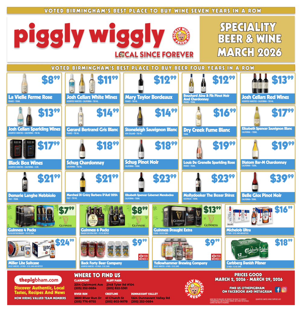 Piggly Wiggly March 2026 Specialty Beer and Wine ad featuring discounted wines, craft beer packs, and Guinness in Birmingham Alabama