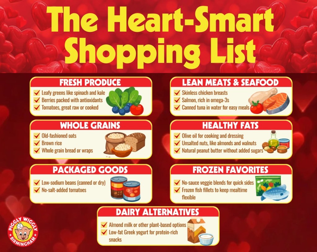 Heart-smart shopping list graphic highlighting heart-healthy foods including fresh produce, lean meats, whole grains, healthy fats, and dairy alternatives at Piggly Wiggly Birmingham