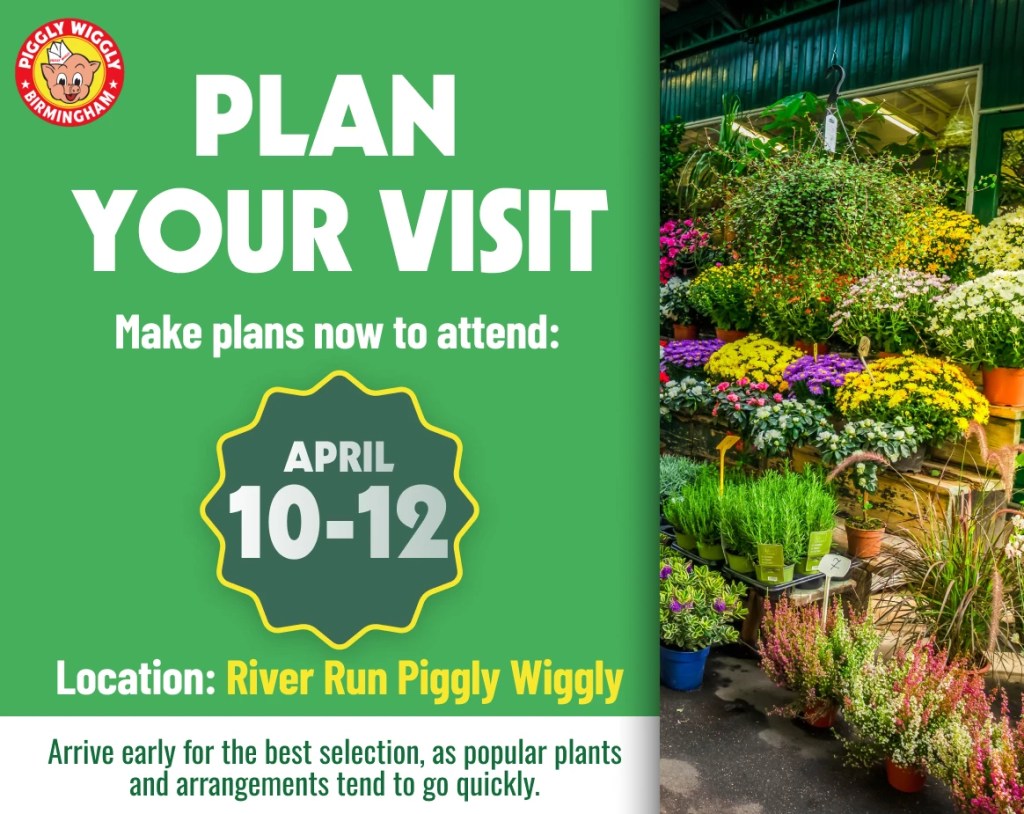 Colorful spring plants and flowers on display at River Run Piggly Wiggly plant sale in Birmingham with event details April 10-12