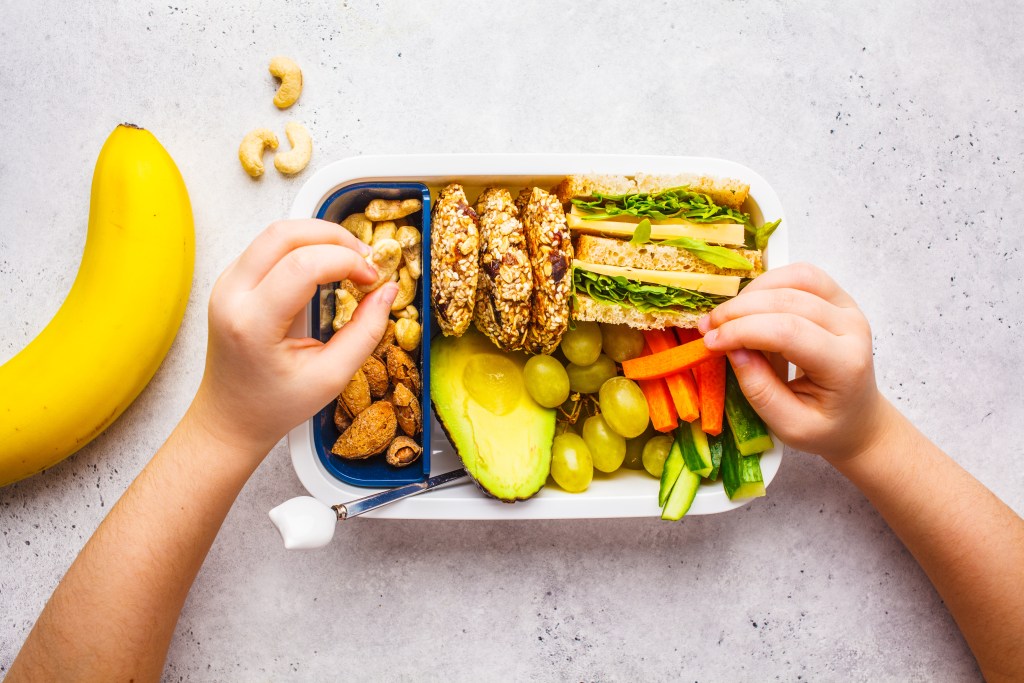 Child hands reaching into a healthy lunchbox with sandwich avocado grapes nuts banana and fresh vegetables