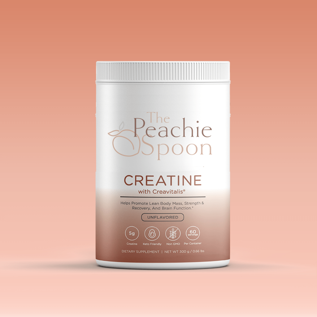 Peachie Spoon Creatine with Creavitalis unflavored cPeachie Spoon Pure Creatine with Creavitalis unflavored creatine monohydrate supplement container with 5g per serving on peach backgroundreatine monohydrate supplement container on peach background