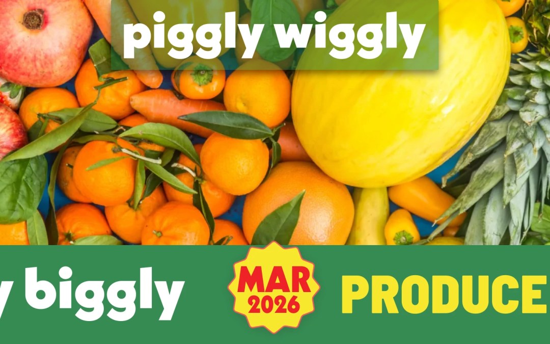 Colorful assortment of fresh fruits and vegetables including apples, strawberries, oranges, melon, pineapple, avocado, and carrots with Piggly Wiggly March 2026 Produce Guide text overlay