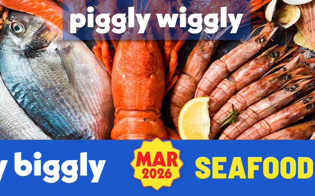 Assorted fresh seafood including whole fish, lobster, shrimp, crab, scallops, salmon, lemon, and lime with Piggly Wiggly March 2026 Seafood Guide text overlay