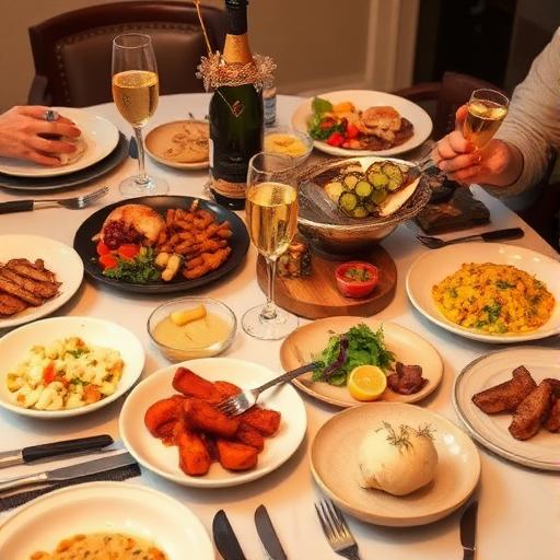 Mixed dinner table with sparkling wine