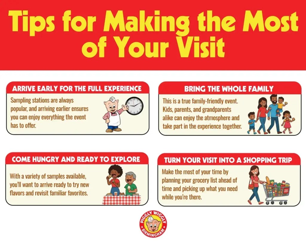 Illustrated event guide poster featuring tips such as arrive early bring the family come hungry and plan a shopping trip with cartoon characters