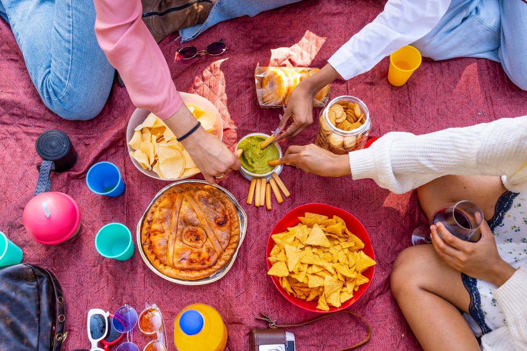 Top view of picnic snacks including tortilla chips potato chips guacamole dip pie crackers and drinks on a blanket outdoors