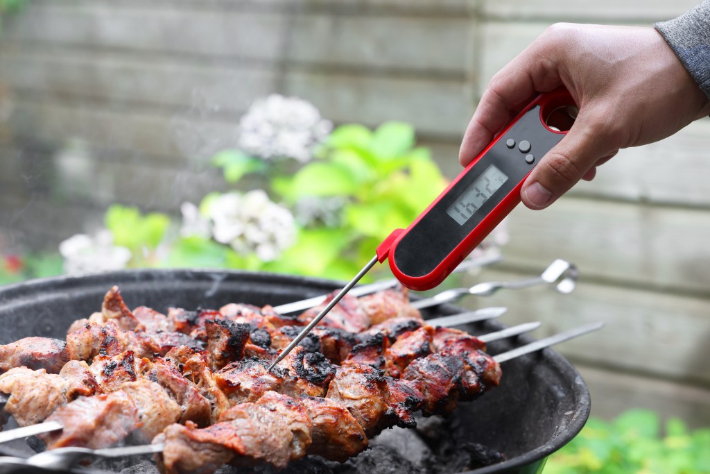 Hand using a digital meat thermometer to check grilled skewers cooking over a charcoal barbecue grill