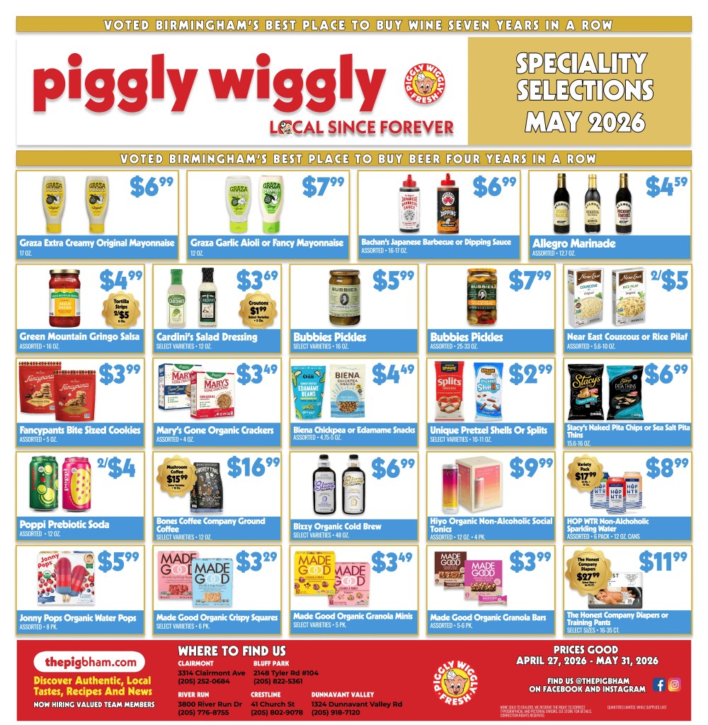 Piggly Wiggly Birmingham May 2026 specialty beer and wine promotion featuring discounted wines beers and beverage selections with prices and product listings