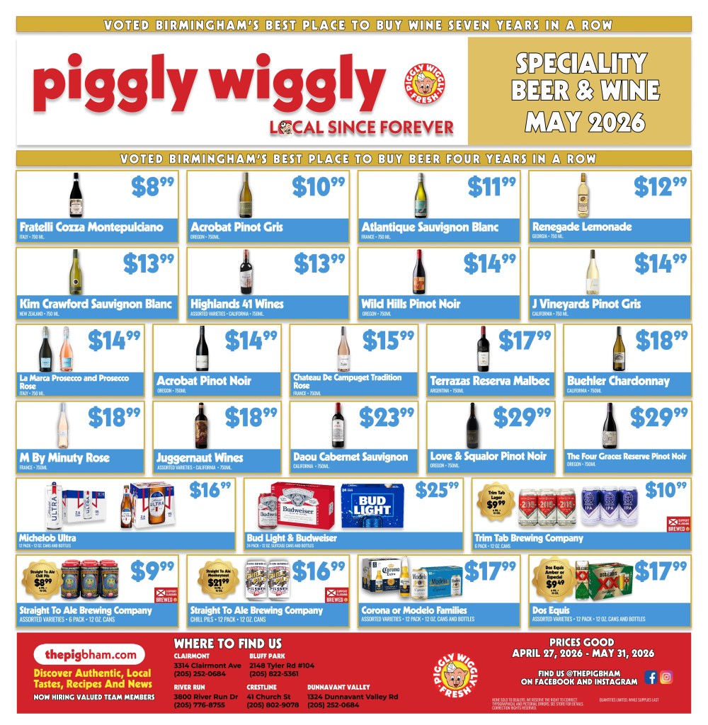 Piggly Wiggly Birmingham May 2026 beer and wine specials featuring discounted wines and beer packs with prices and product listings